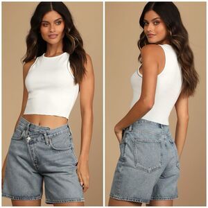 Lulus Totally Popular Tank Top Women's S White Ribbed Rhinestone Cropped